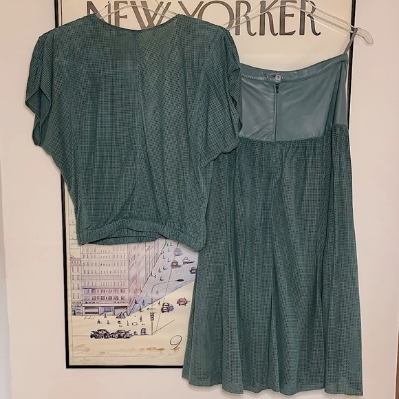 Vintage teal perforated suede top with matching leather|suede skirt - Picture 2 of 13